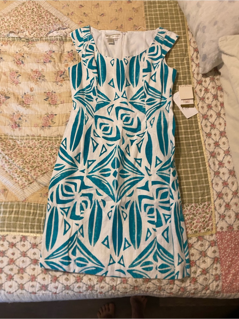 NWT Lord and Taylor turquoise and white linen dress